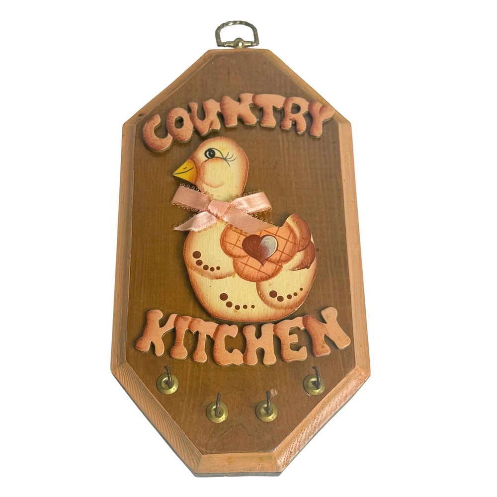 Vintage Country Kitchen Wood Wall Plaque Duck Brass Key Hook Sign Gloria Dixon